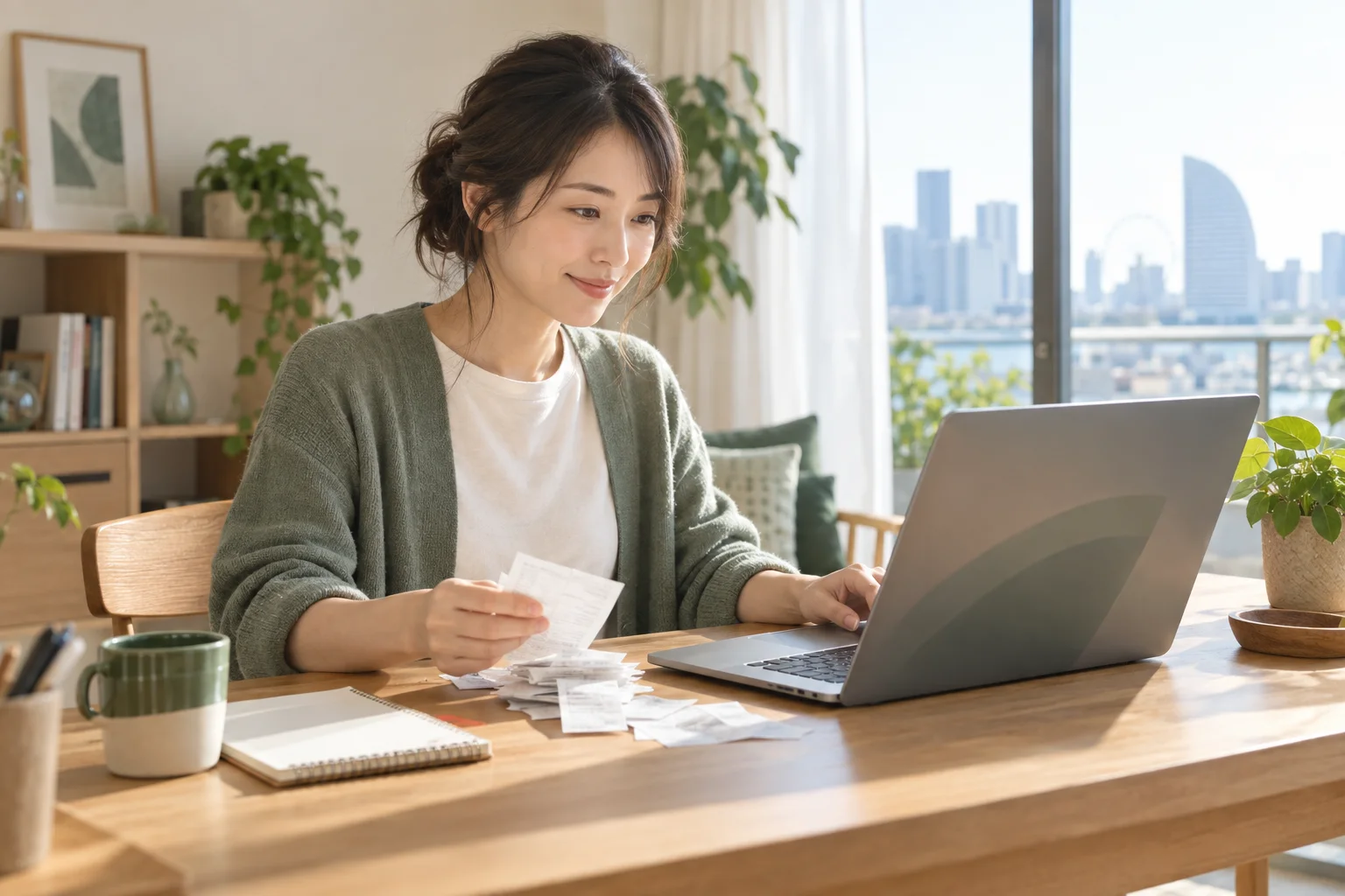 自宅の机で領収書を整理しながらパソコンに向かう個人事業主
