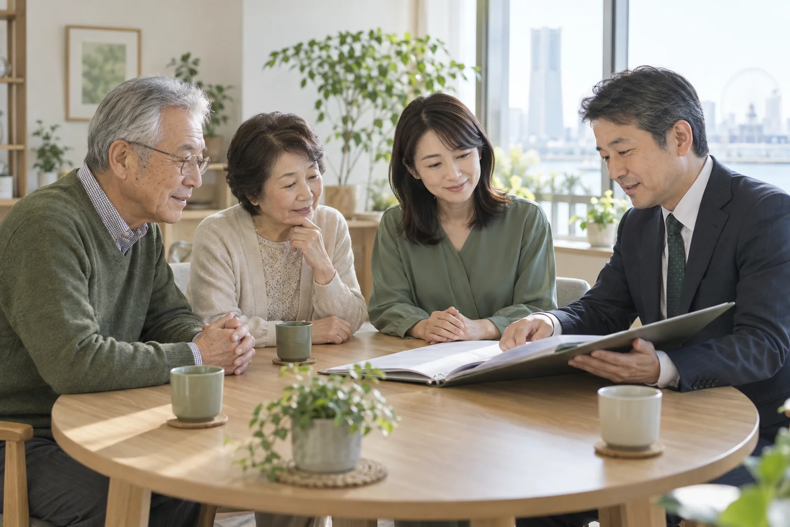 家族の資料を前に、税理士の説明を聞く夫婦と娘