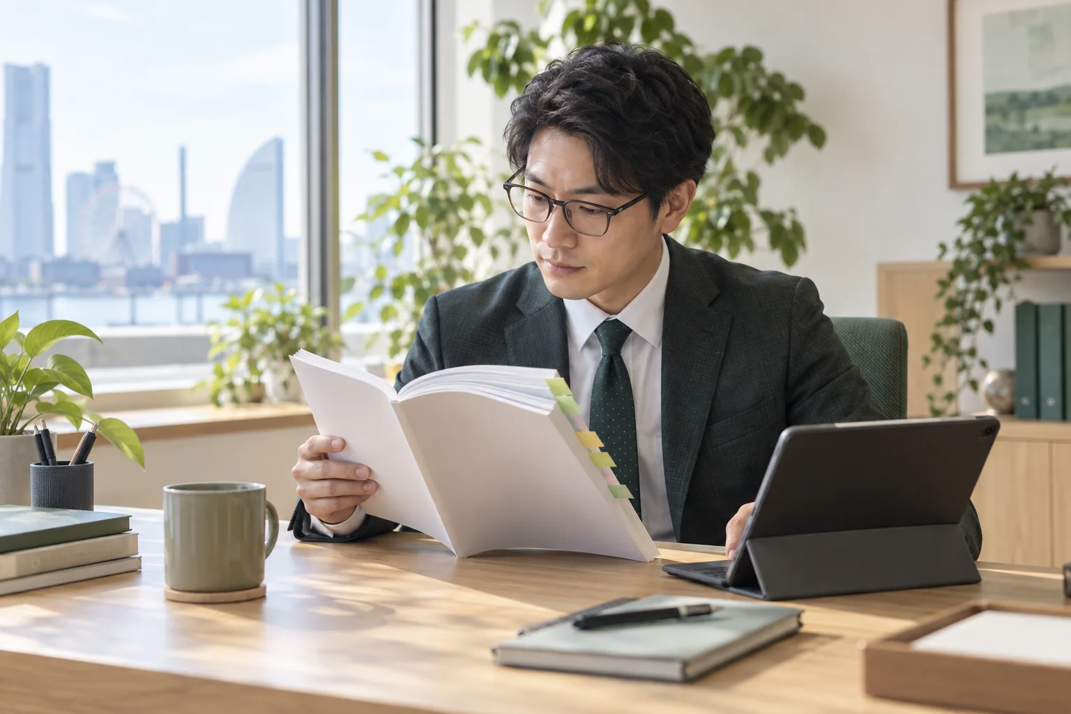 制度改正の冊子とタブレットを見比べる税理士
