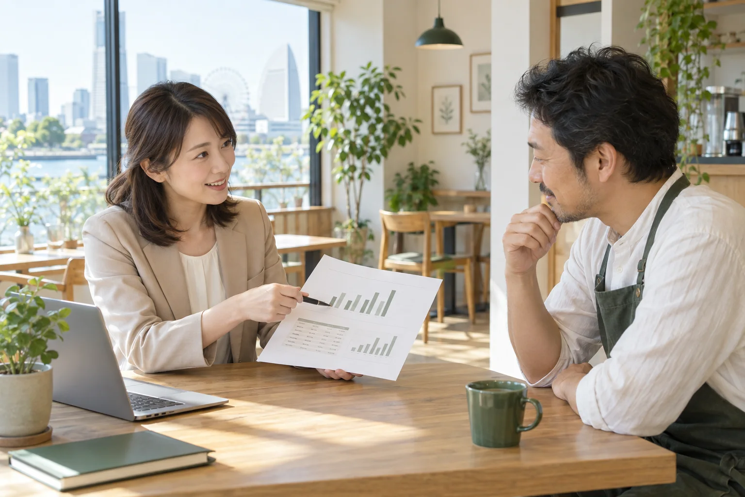 月次試算表を示しながら説明する税理士と、話を聞く店主