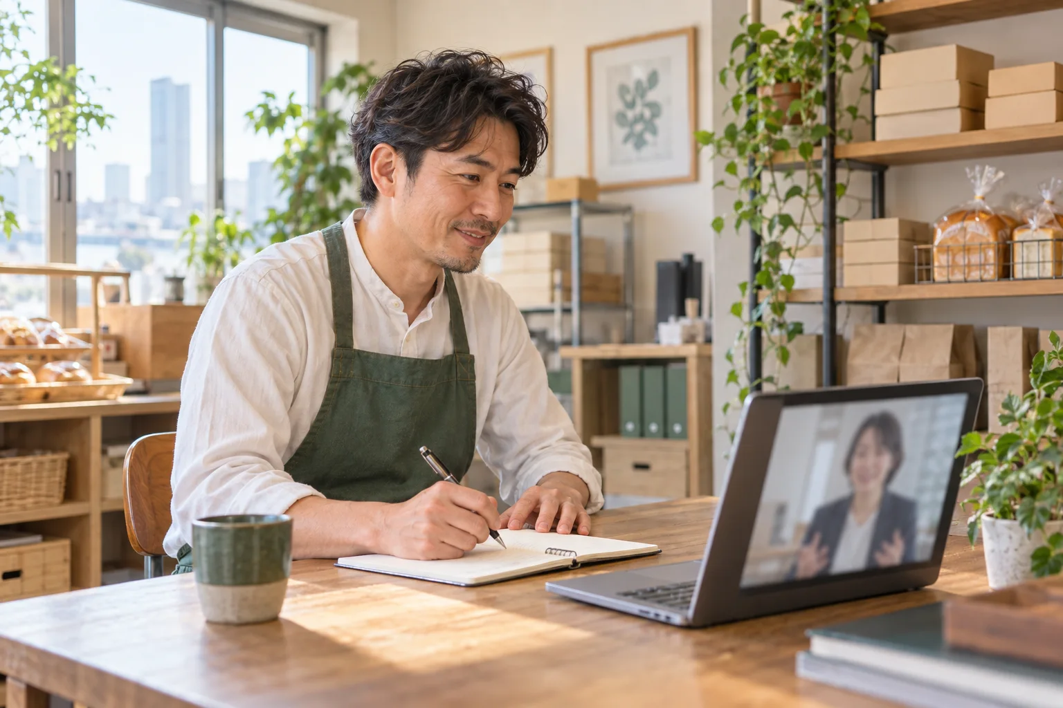 店の事務スペースからオンライン面談に参加する店主