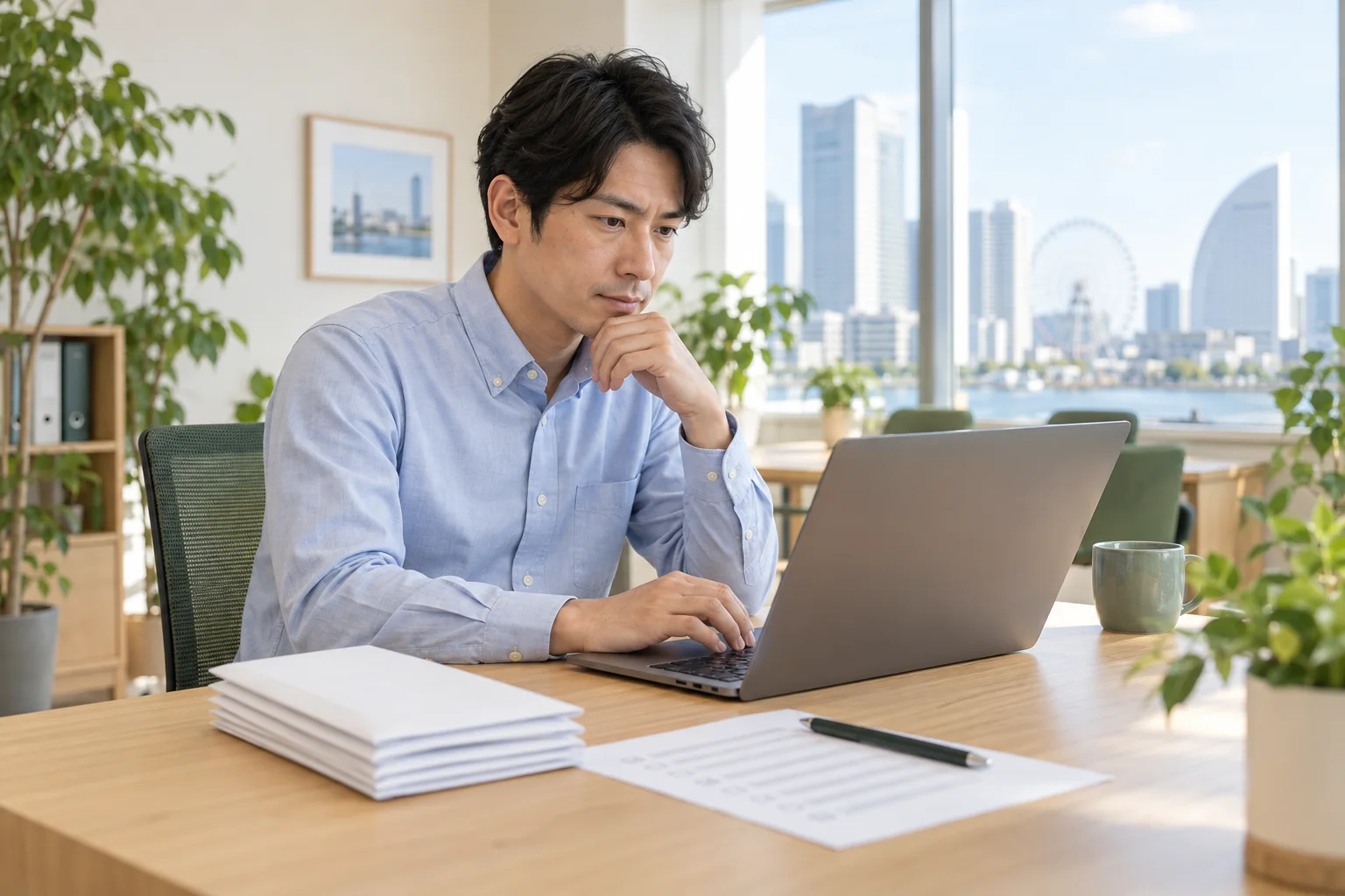 給与計算の画面と封筒を確認するスタッフ