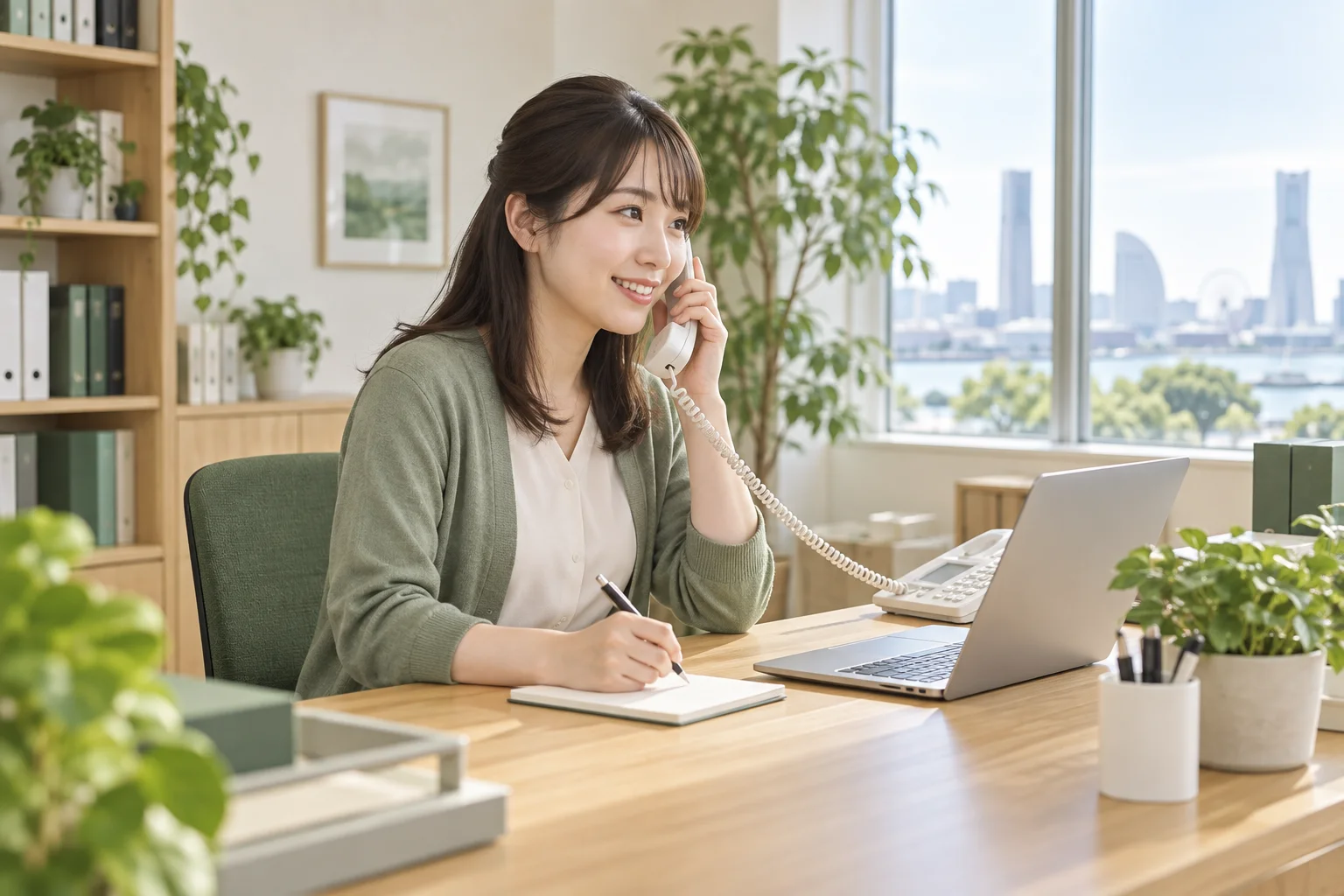 事務所で電話を受けながらメモを取るスタッフ