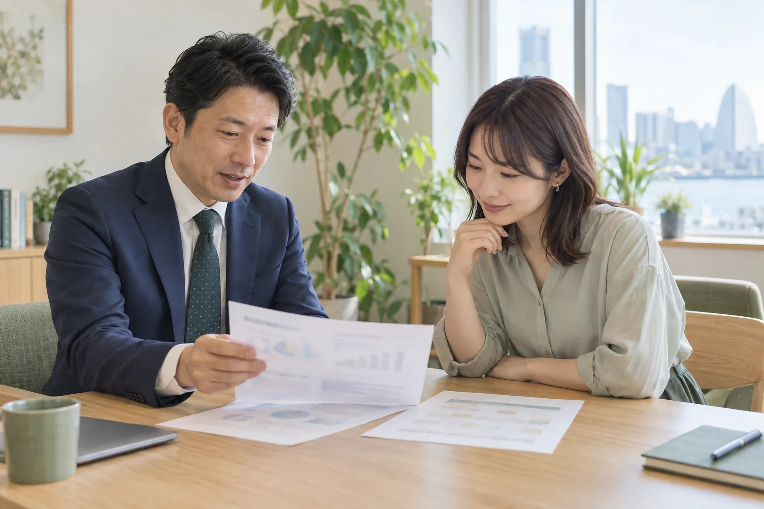 見積書と月次の予定表を説明する税理士と、話を聞く創業者