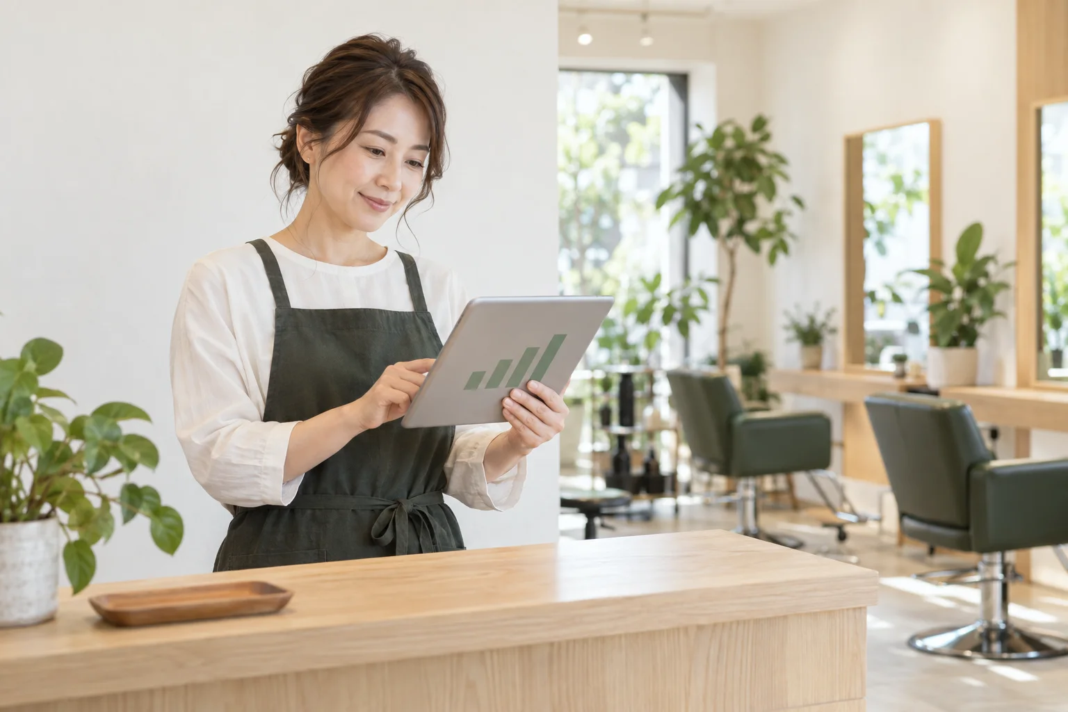 美容室の受付でタブレットの数字を確認する店主
