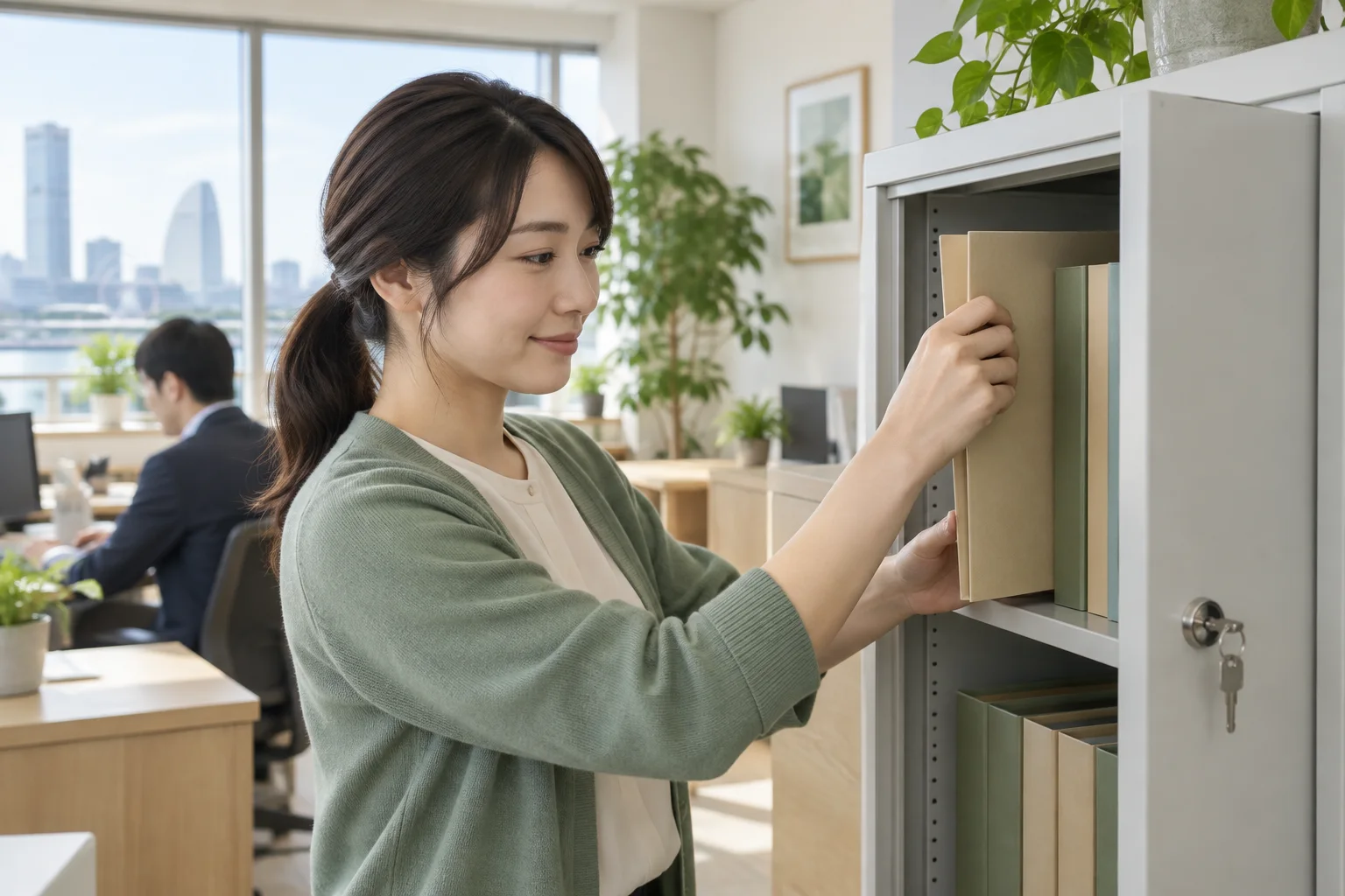 施錠できる書庫へファイルを収める手元