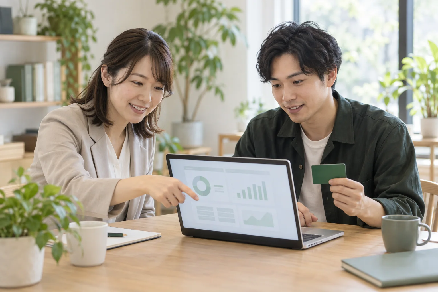 口座とカードの連携設定を経営者と一緒に進めるスタッフ
