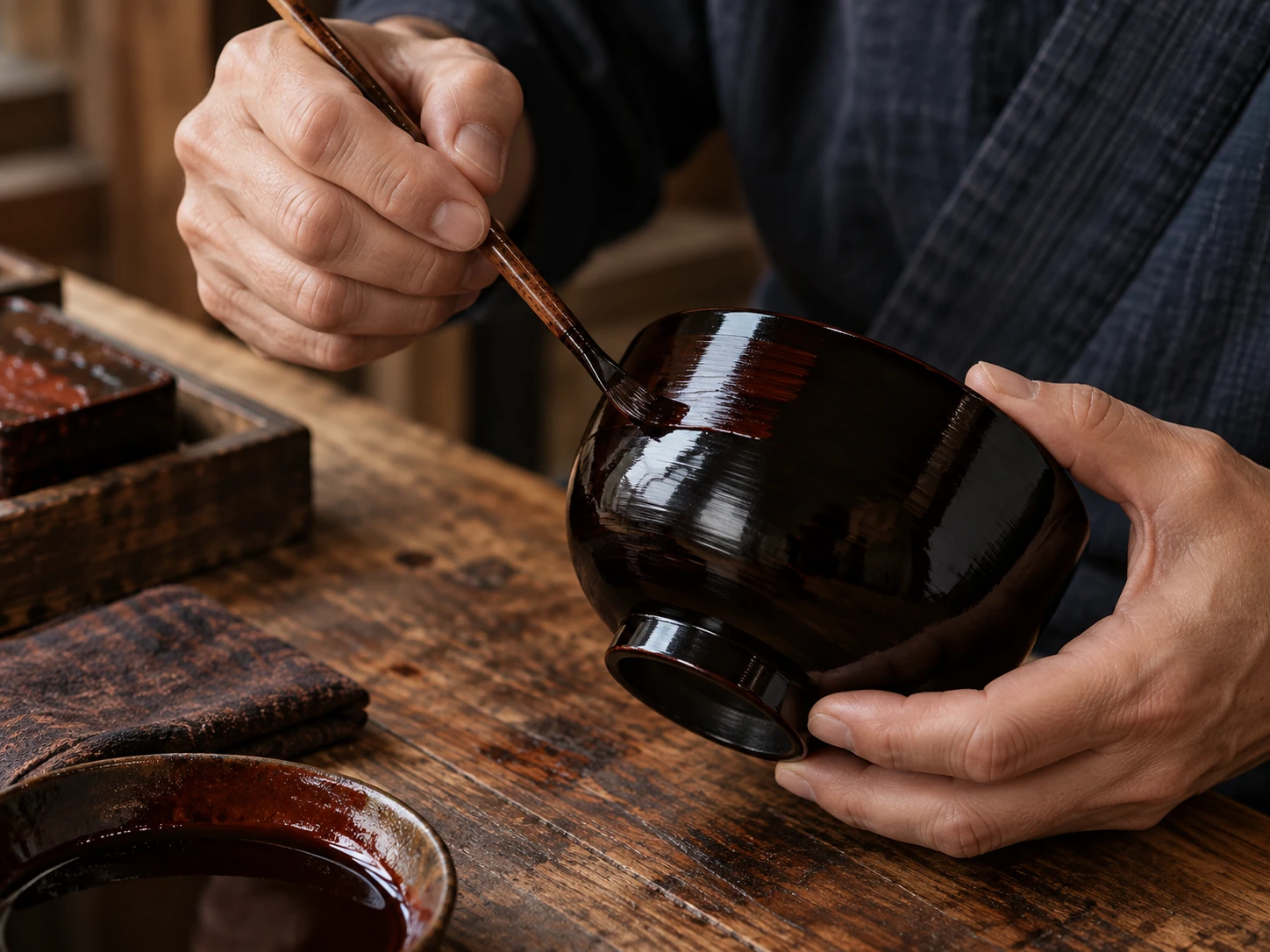 椀に刷毛で漆を重ねる手元