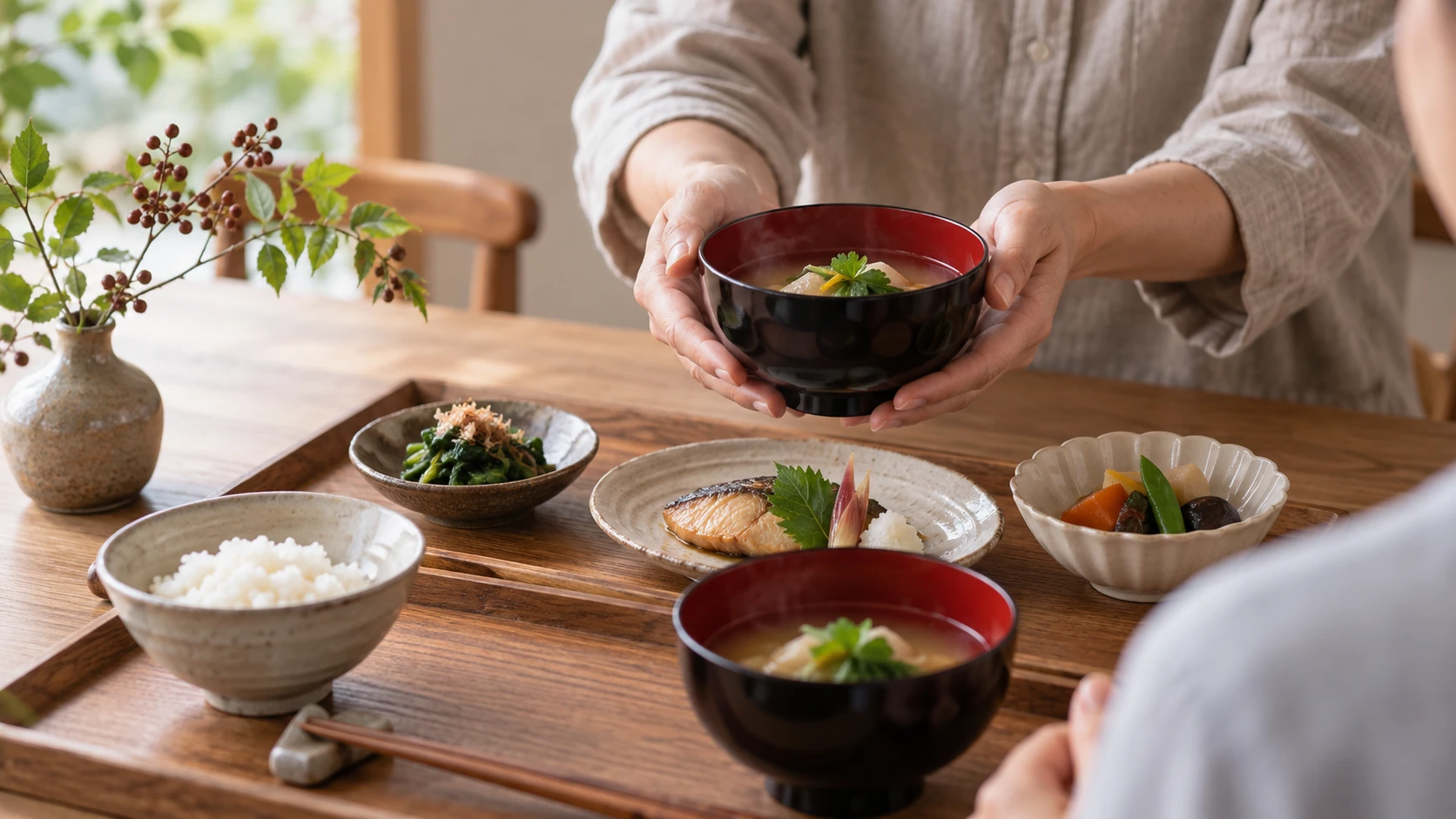 食卓で手渡される漆の器