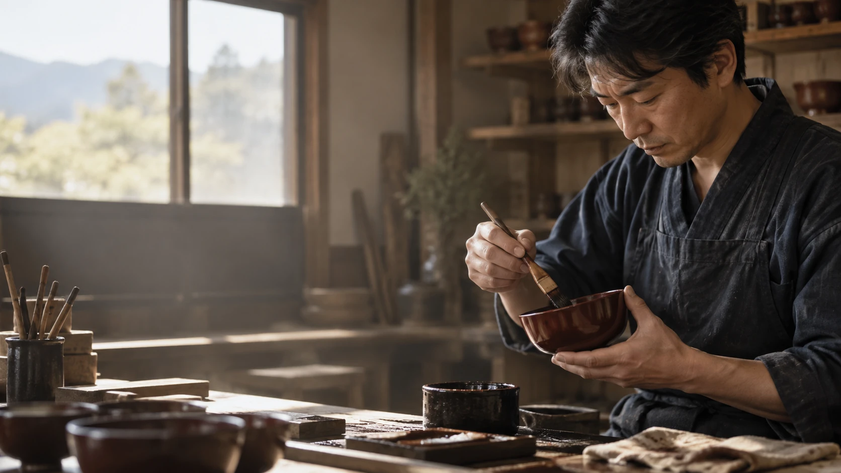 窓辺の工房で椀に漆を塗る職人。顔と両手、刷毛と椀