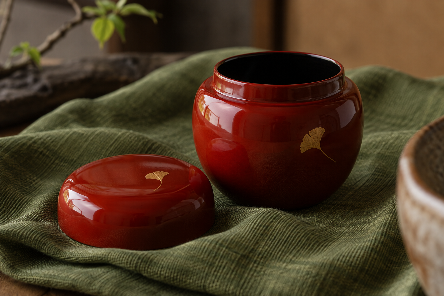 金の葉をあしらった朱の茶器