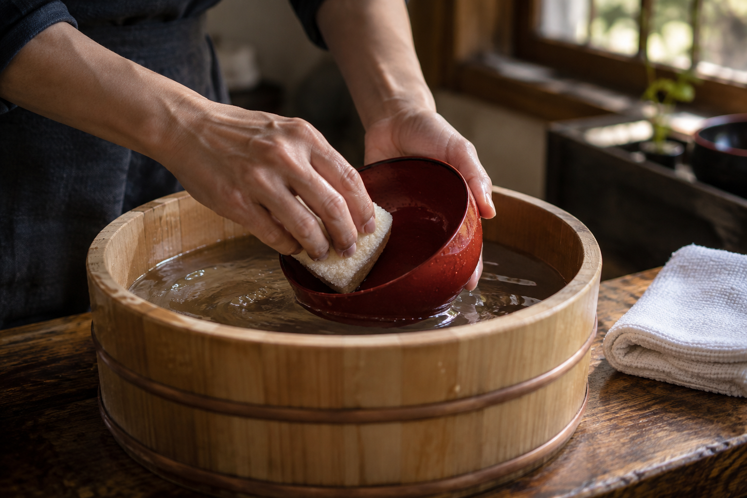 柔らかなスポンジで洗い、水分を拭き取る