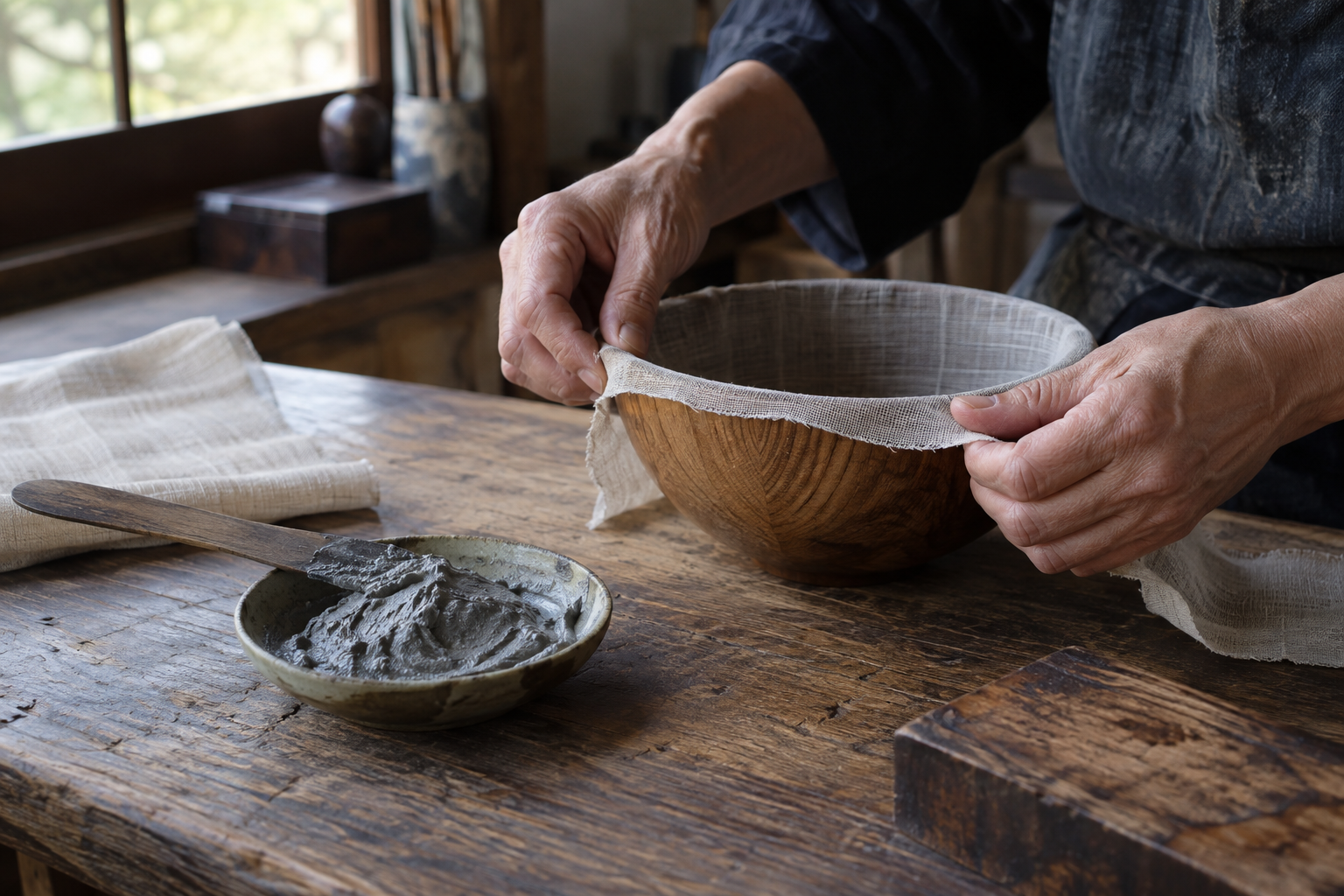 縁を補強する麻布と、粉を練った下地