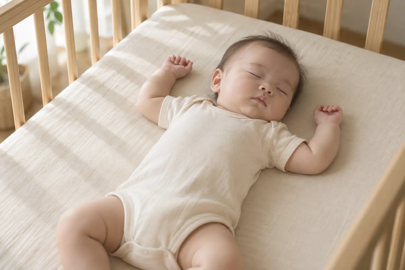 生成りの肌着で仰向けに眠る赤ちゃん
