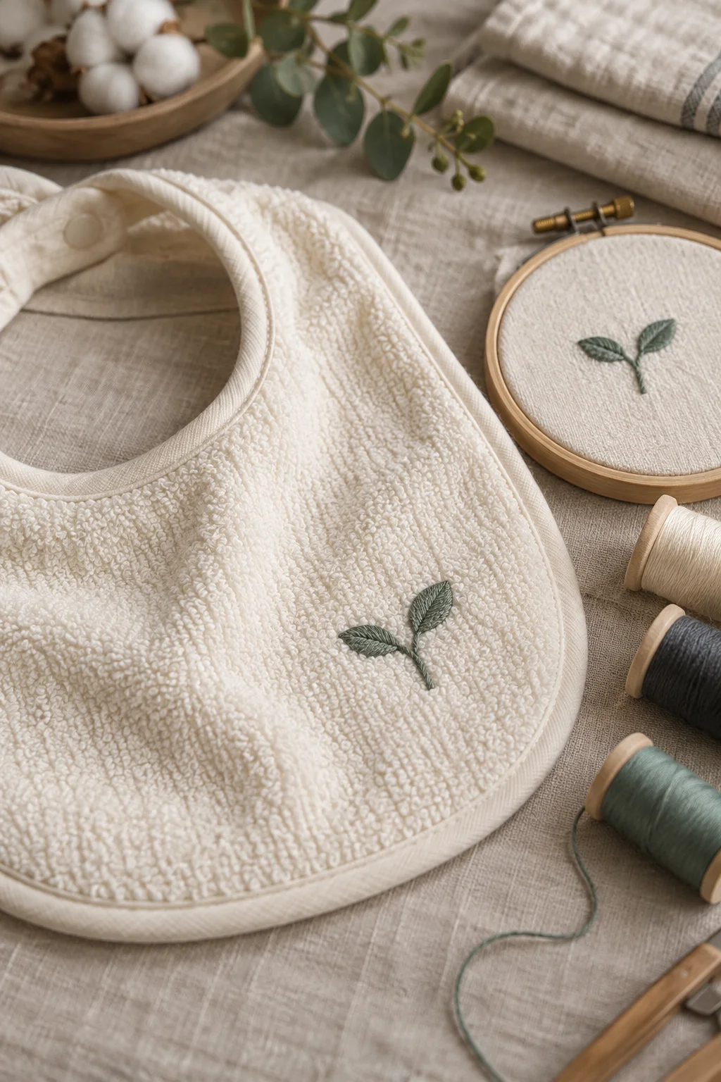 スタイに刺繍を入れる刺繍枠と三色の糸