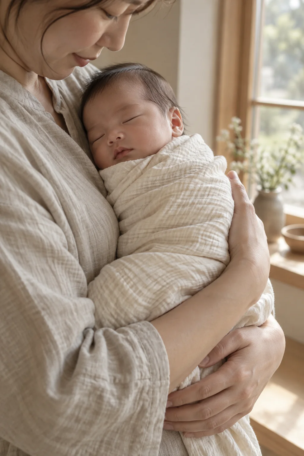生成りのガーゼにくるまれて眠る赤ちゃんを抱く手