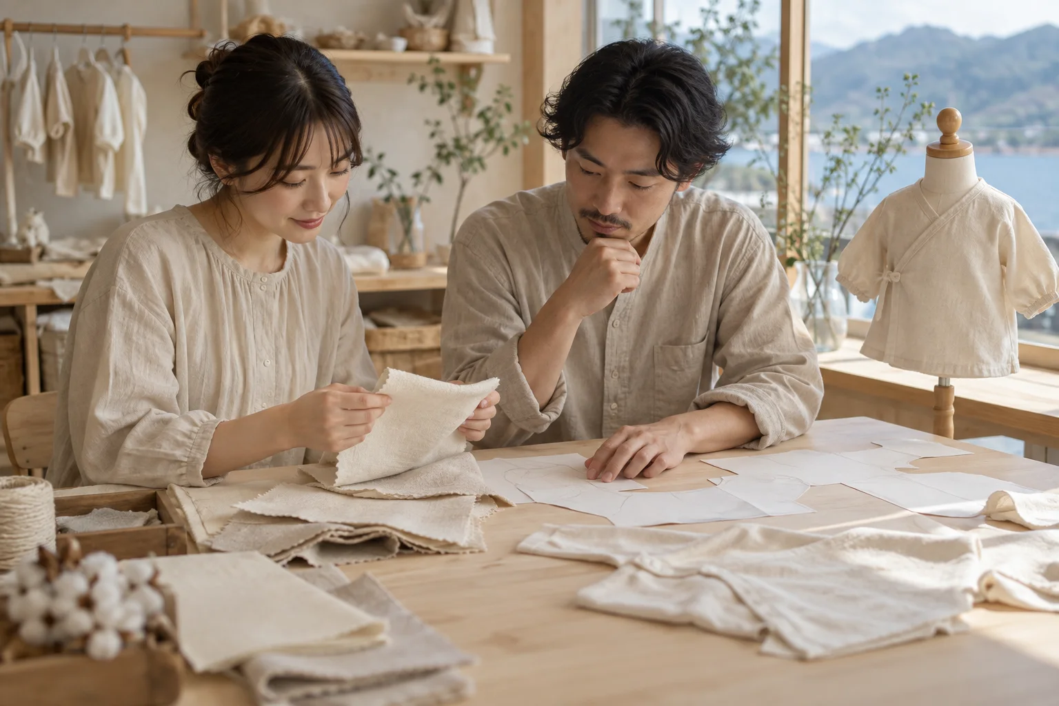 生地見本と型紙を囲んで打ち合わせる企画スタッフ