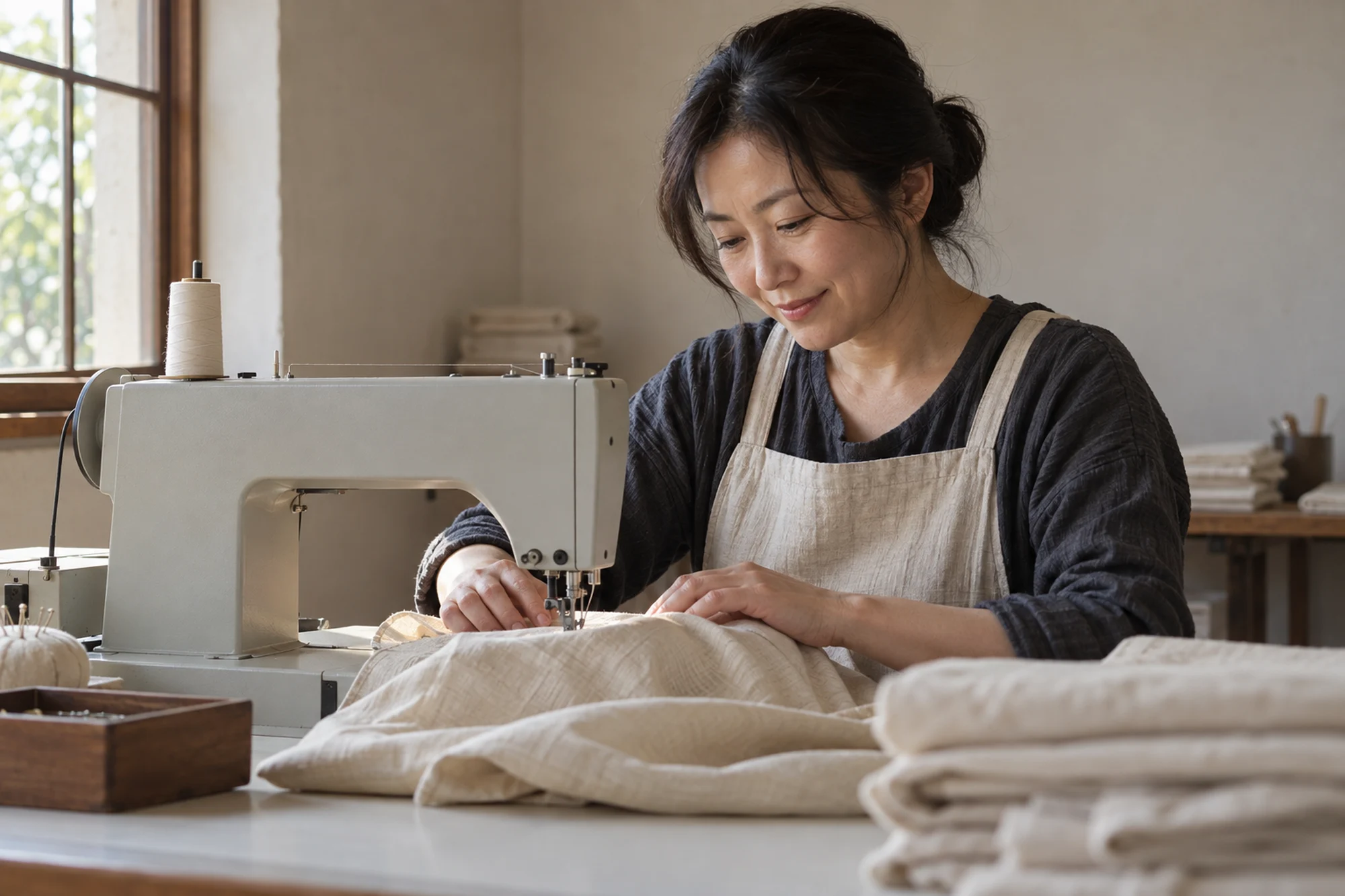 工業用ミシンで縫製するスタッフ