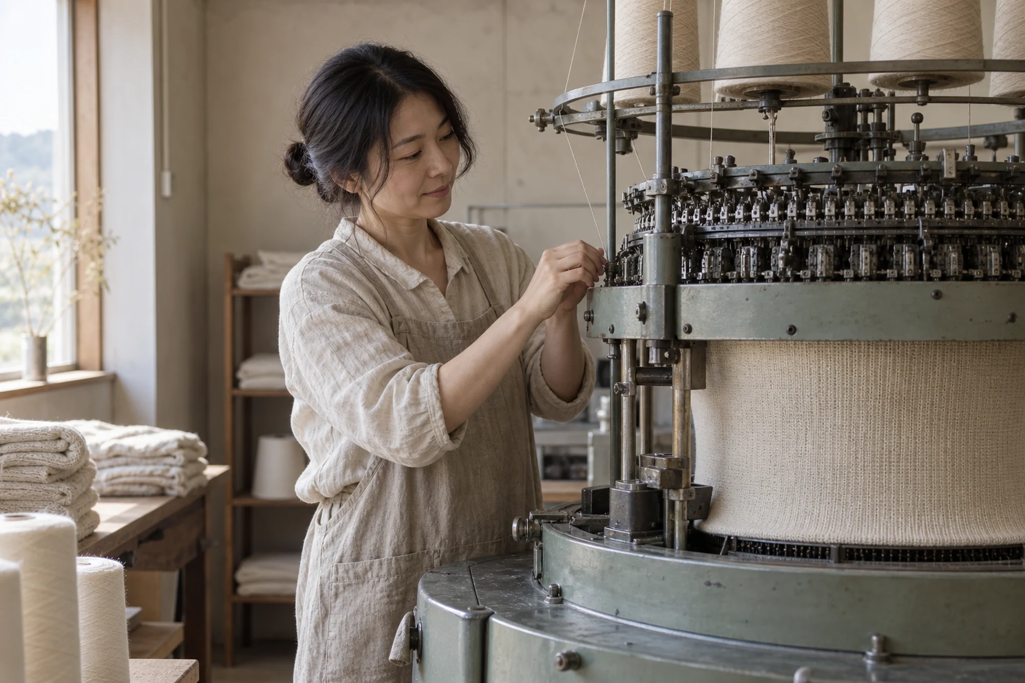 丸編み機の前で糸を確かめる工場のスタッフ