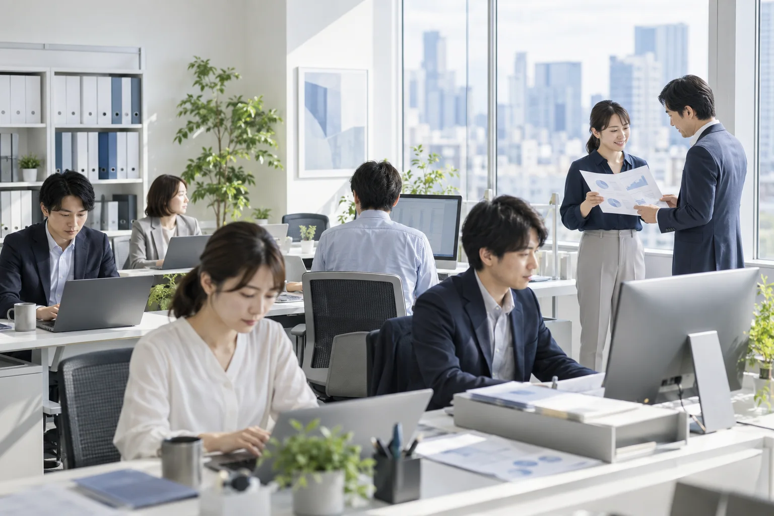 窓際で資料を見ながら話す社員と執務室の様子