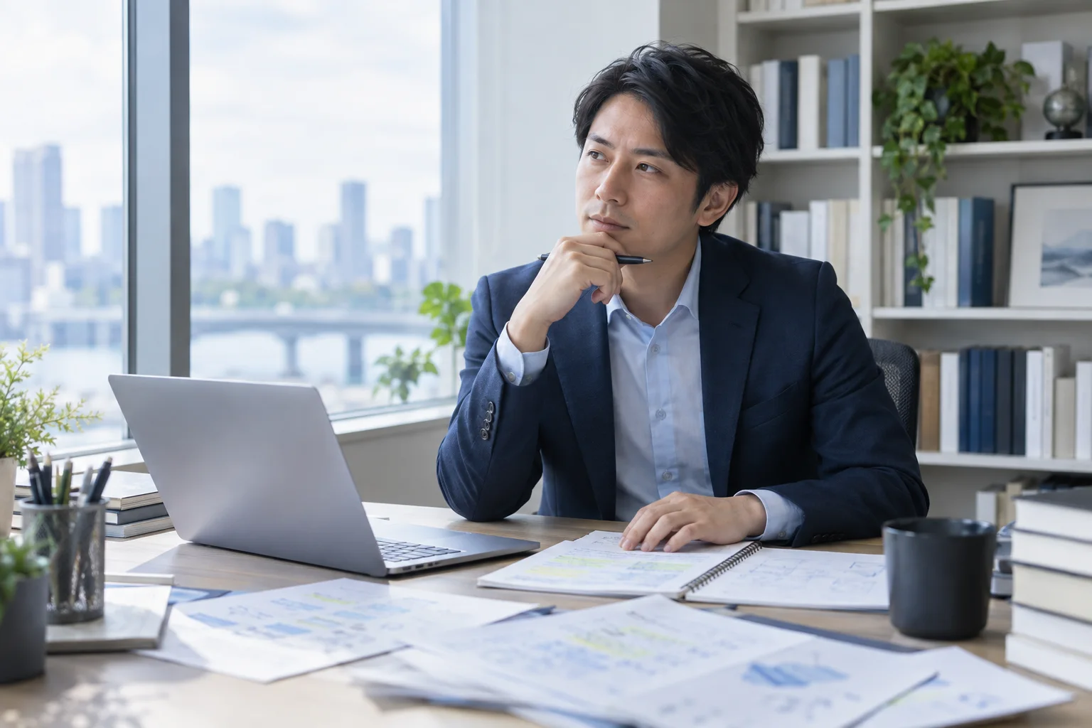 窓際の机で記事を書くコンサルタント