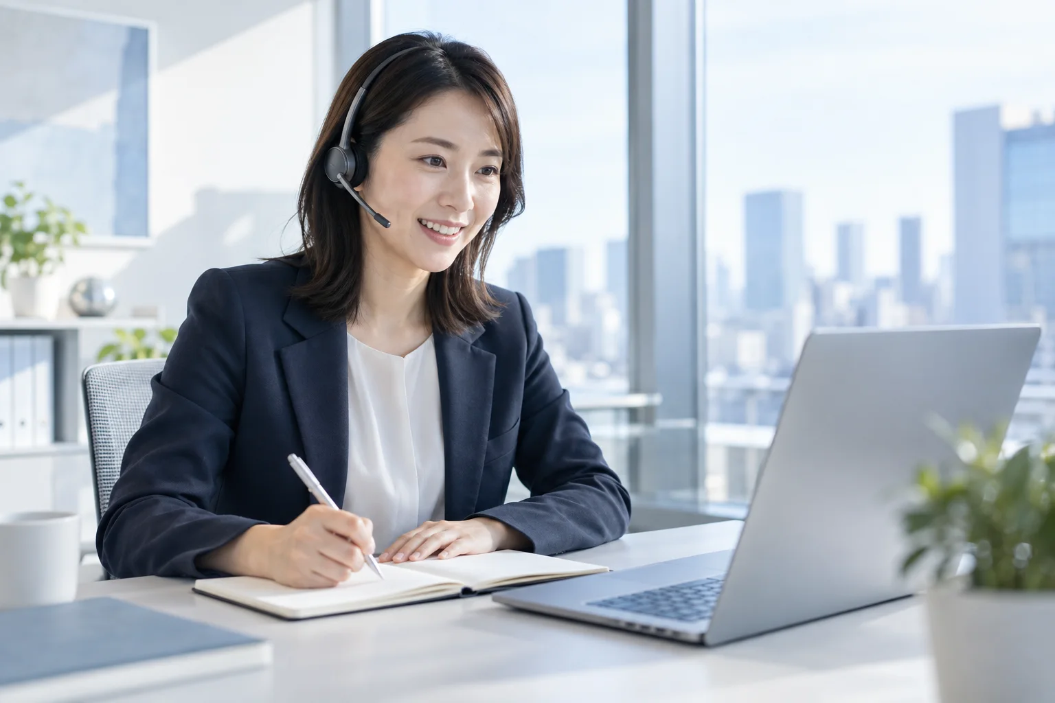 ヘッドセットを着けてオンラインで相談を受けるコンサルタント