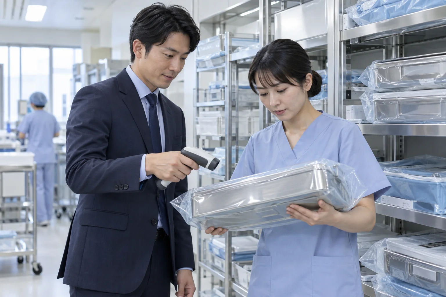 病院の保管庫で器材のトレーを読み取る担当者