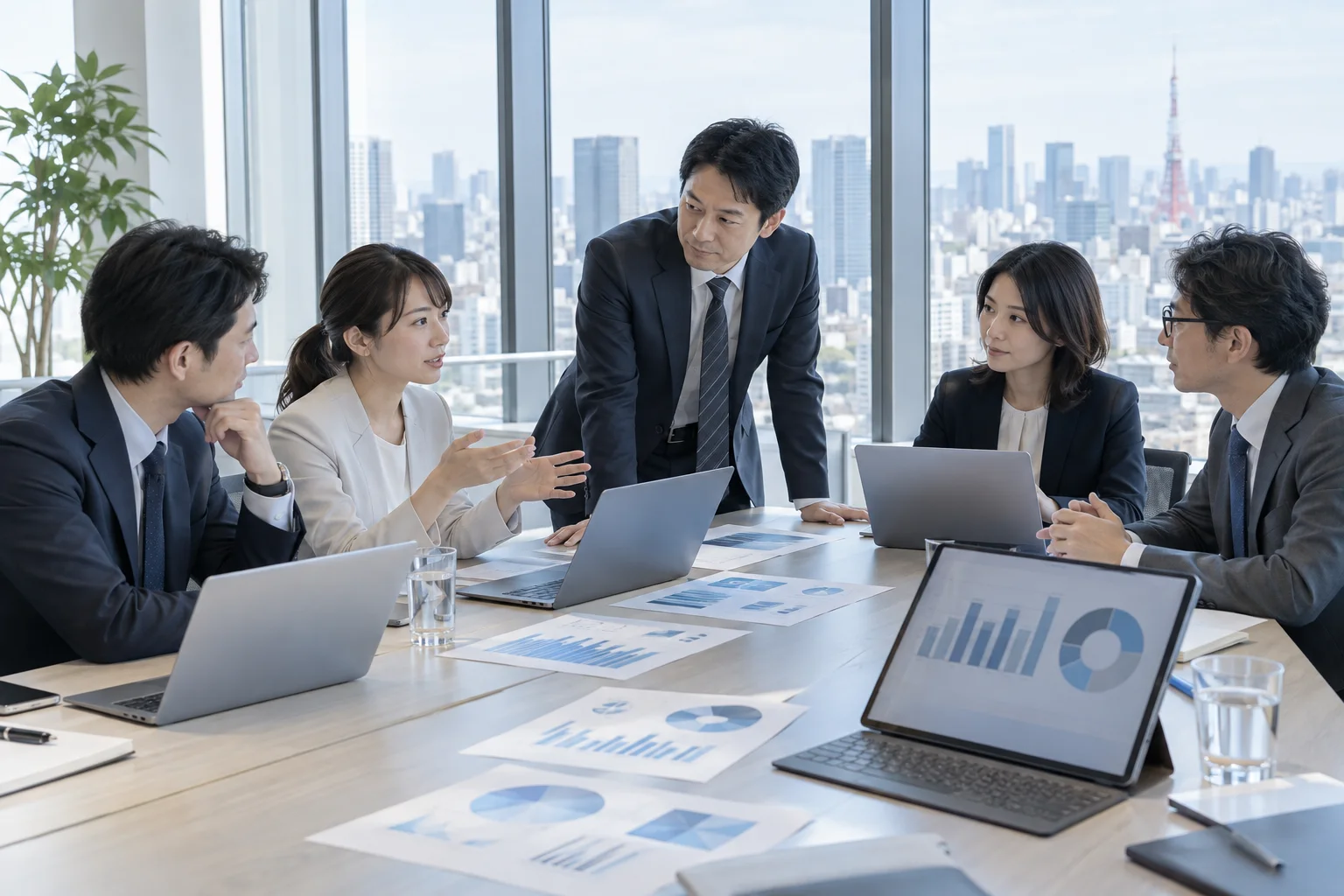 会議室で需給計画を話し合う製薬会社の担当者