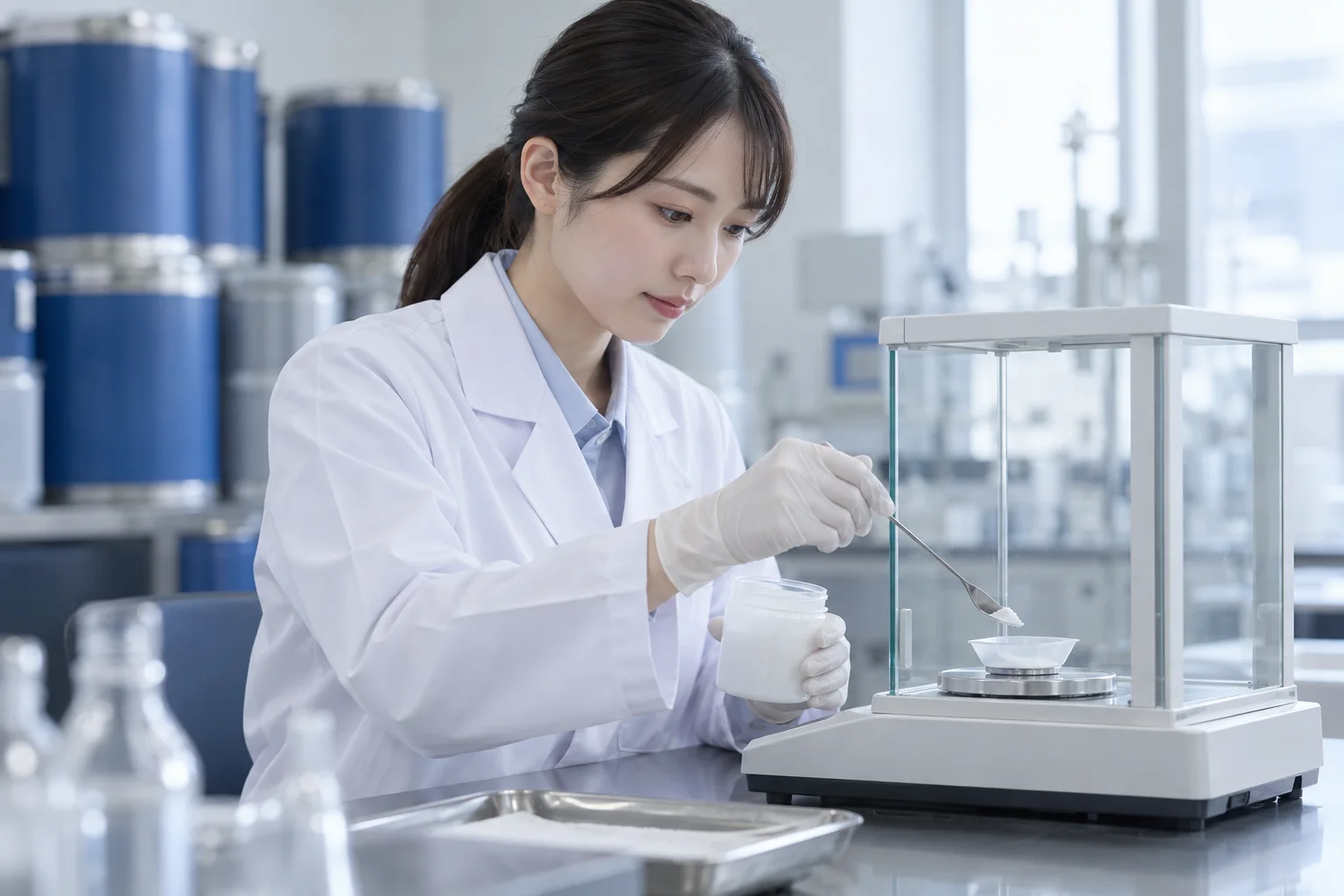 原薬を天秤で量る品質管理の担当者