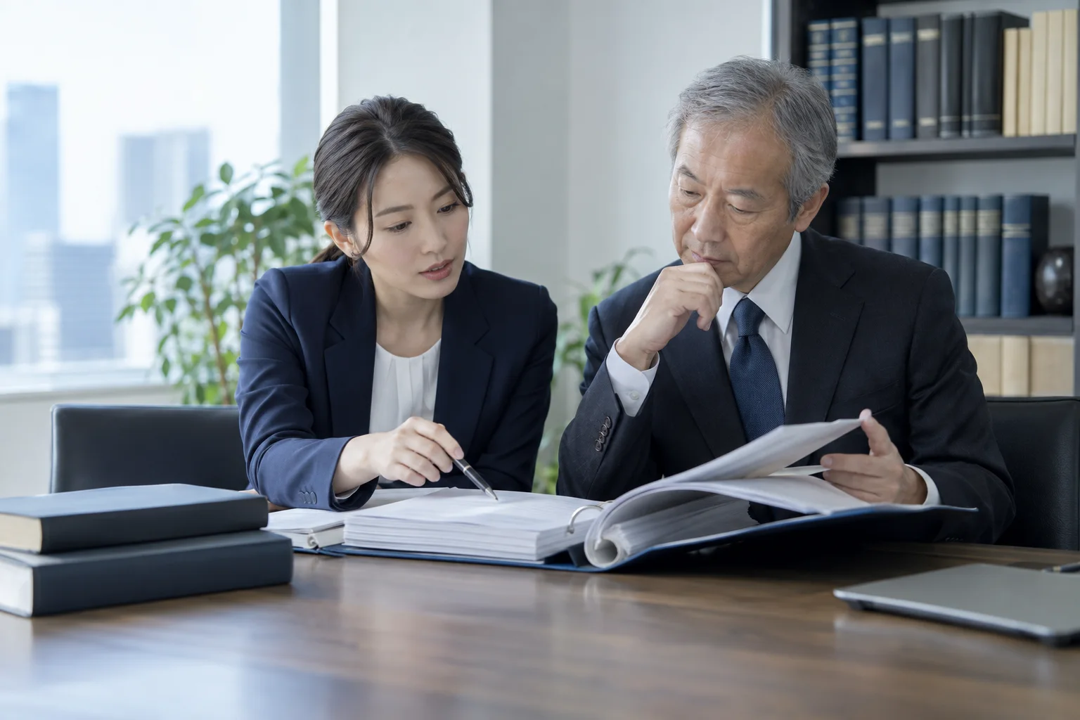 専門家と規制文書のファイルを確認するコンサルタント