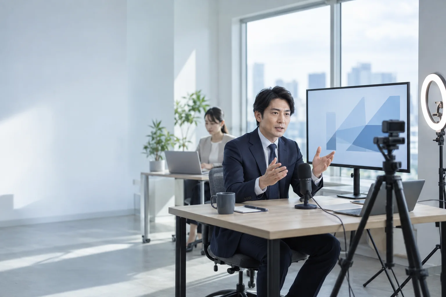 カメラとマイクの前でオンラインセミナーを配信するコンサルタント
