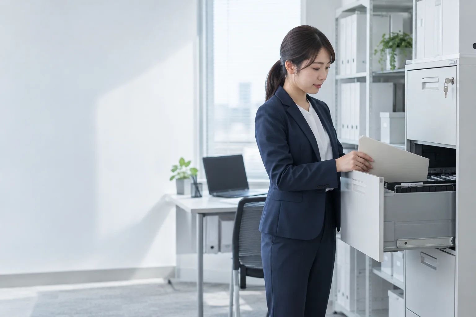 施錠できる書庫へ資料を収めるコンサルタント