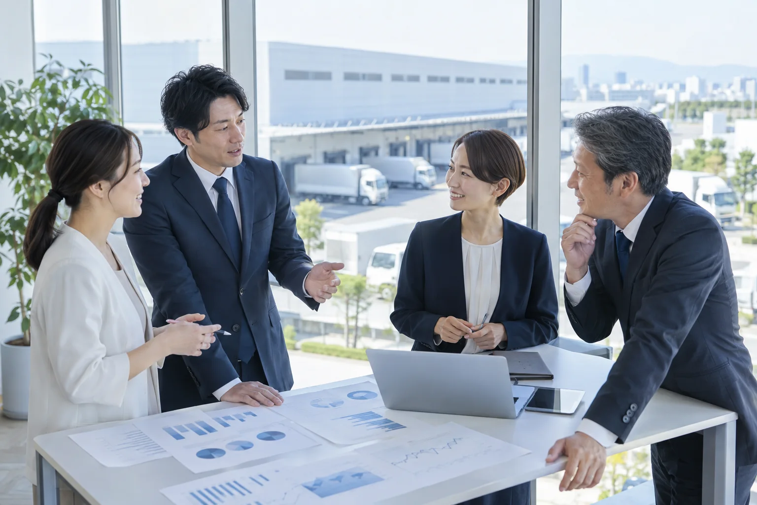 窓際のテーブルで資料を囲んで話し合う4人のコンサルタント