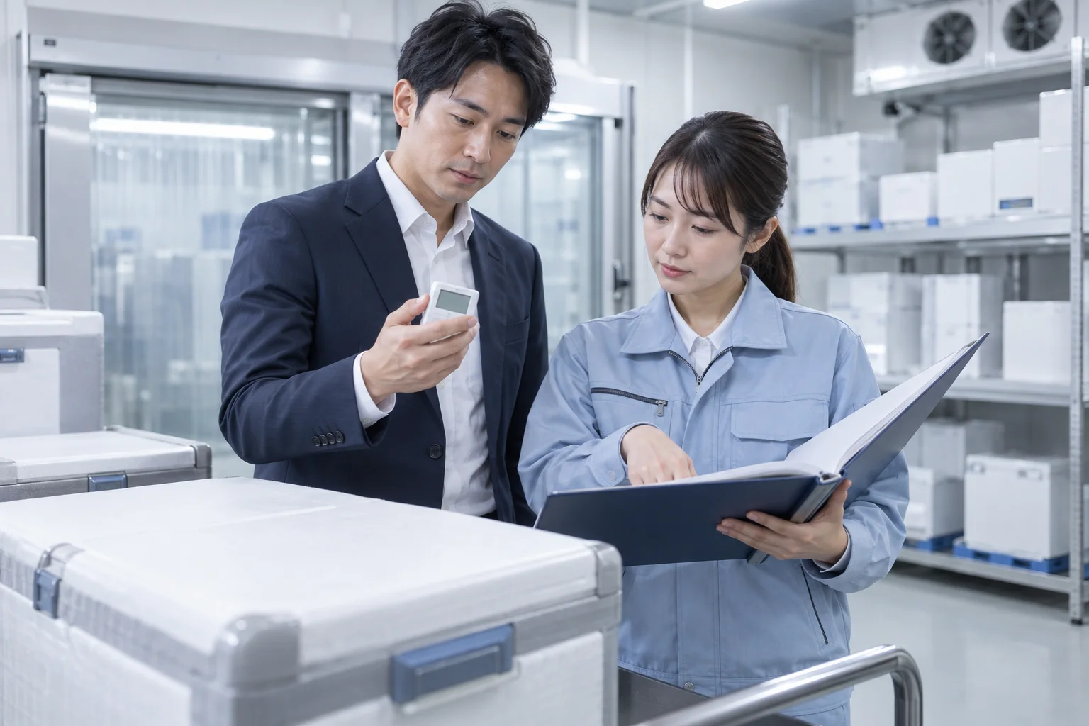 保冷庫で温度記録計と記録簿を確認する二人