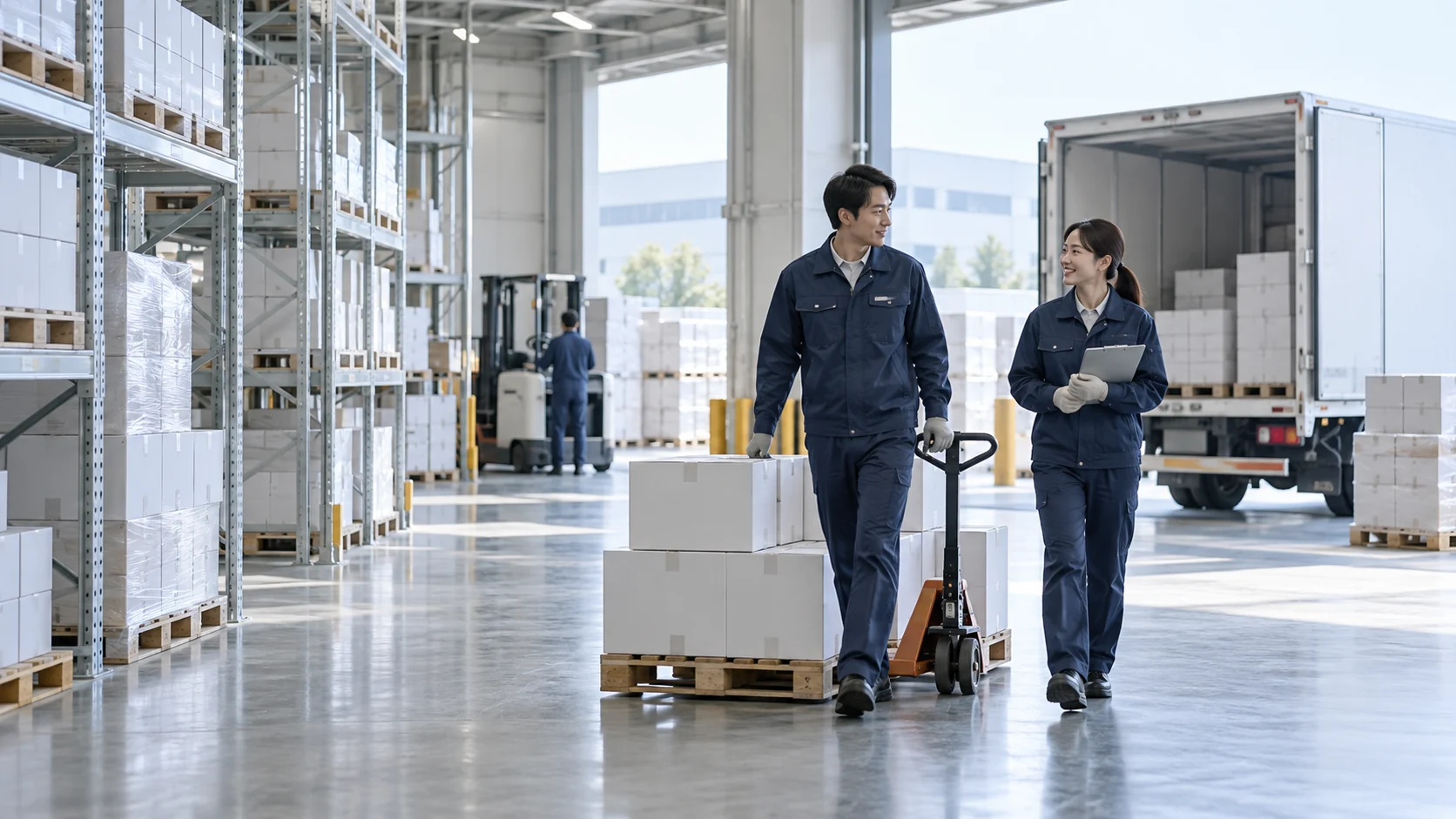 物流倉庫の出荷エリアで搬送を行う担当者