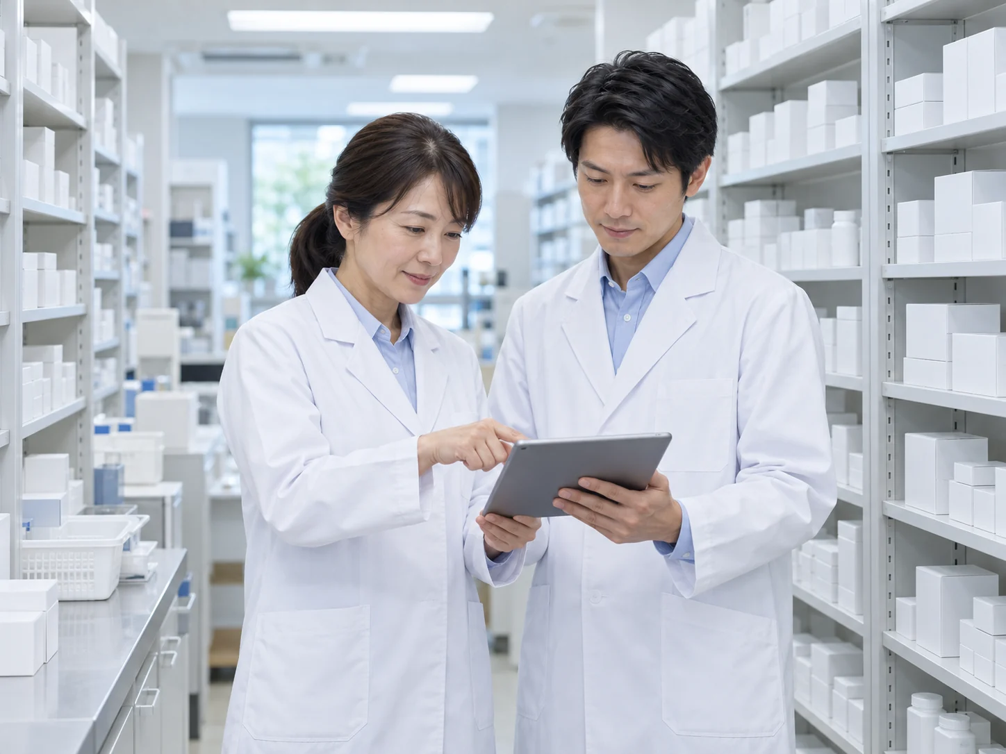 薬局の棚とタブレットで在庫を確認する薬剤師