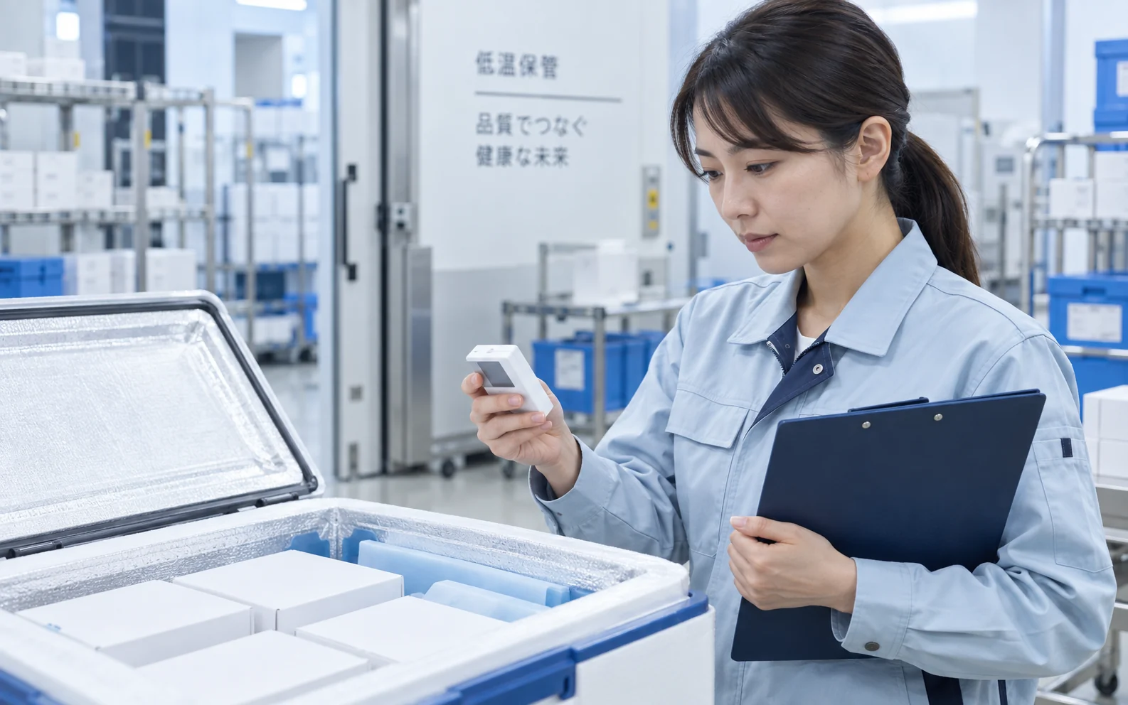 保冷容器と温度記録機器を確認する品質担当者