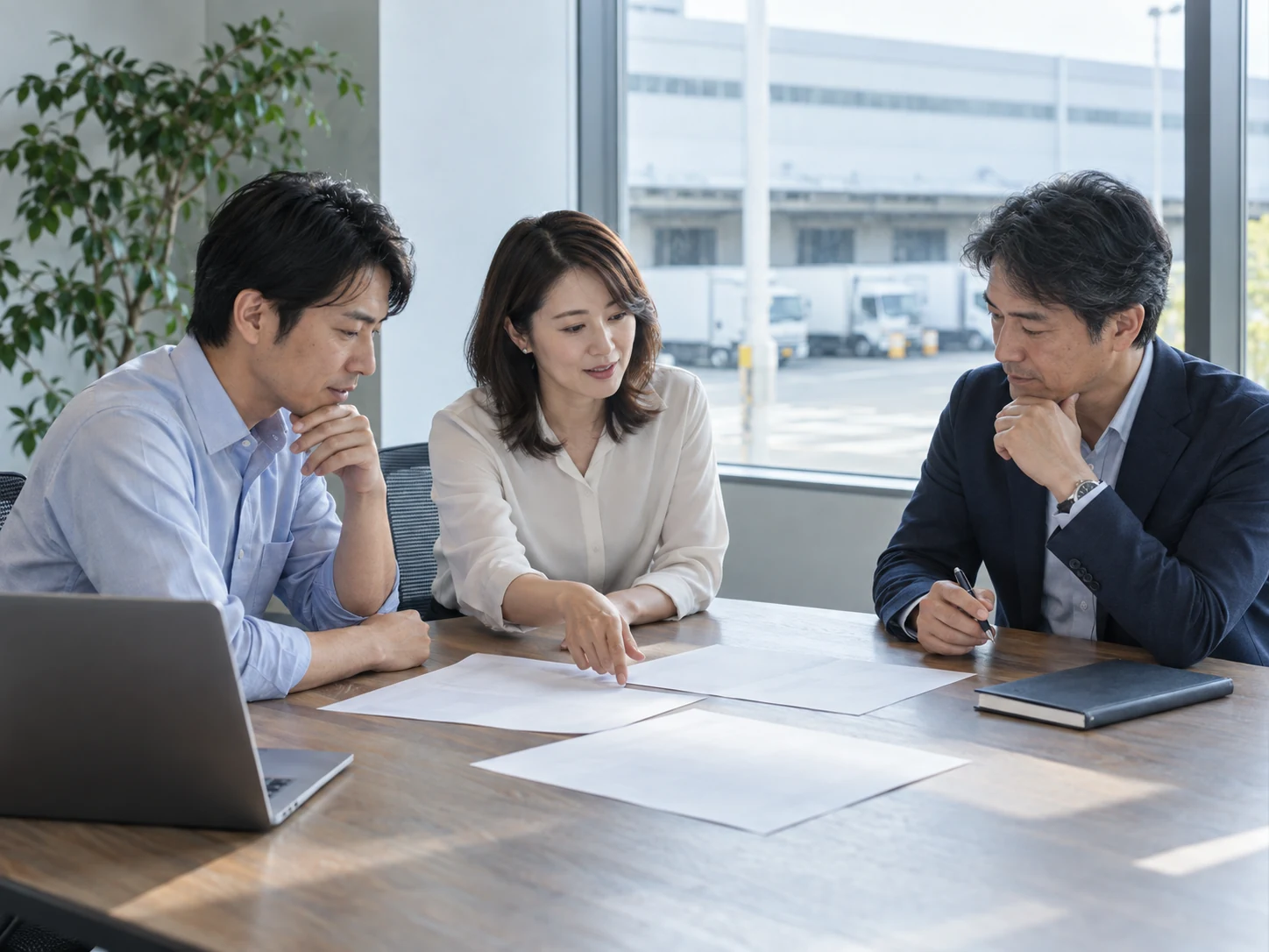 会議室で資料を確認する専門家チーム