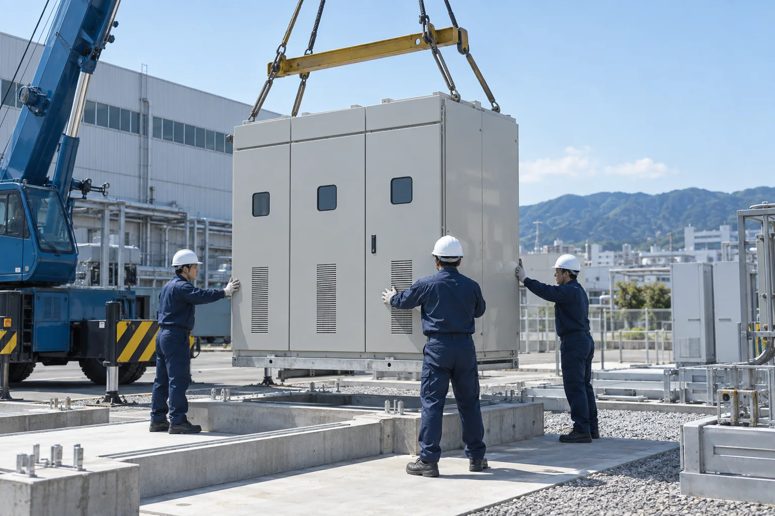 工場に新しい受変電設備を据え付ける技術者