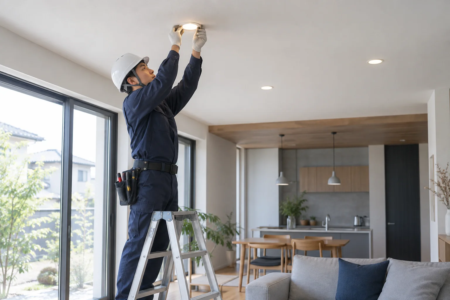 天井にダウンライトを取り付ける電気工事士
