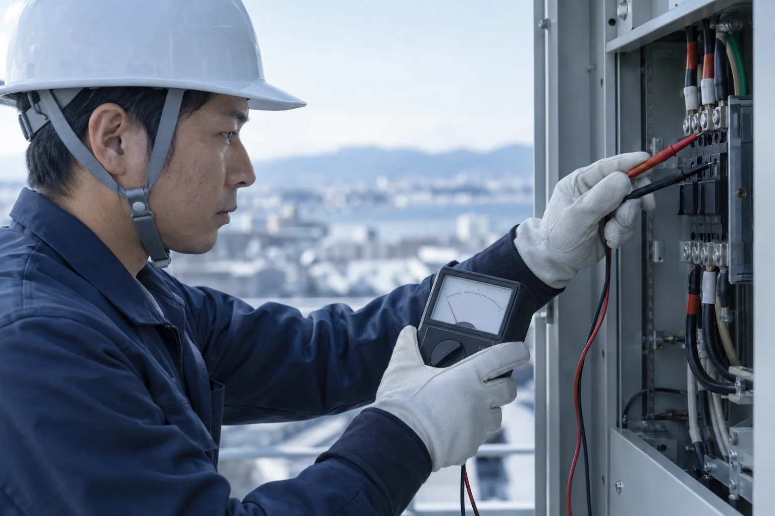 絶縁抵抗計で分電盤の回路を測定する手元
