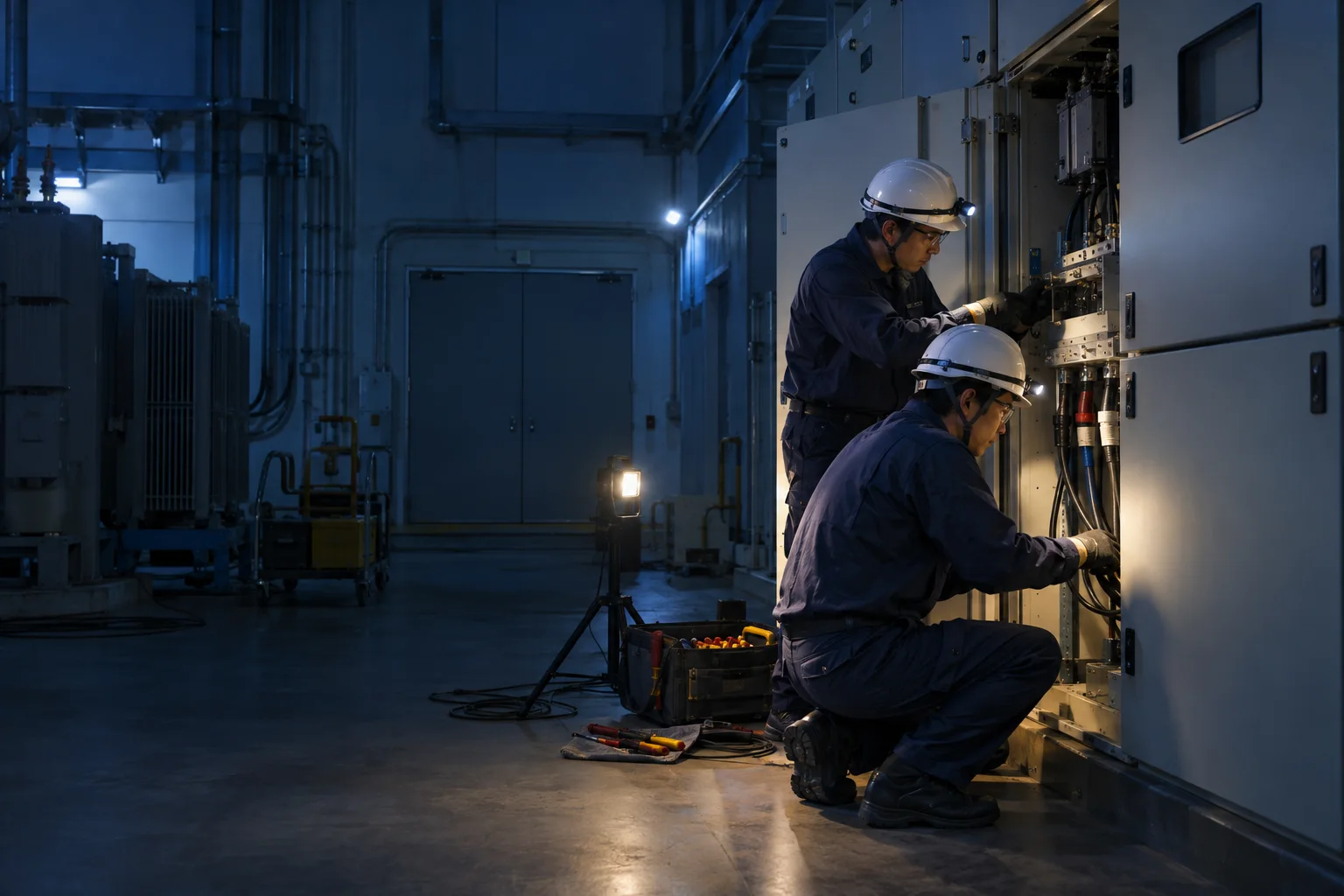 夜間の停電作業で受変電設備を接続する技術者
