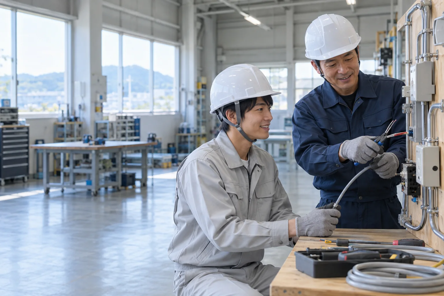 先輩からケーブルの接続を教わる若手の電気工事士