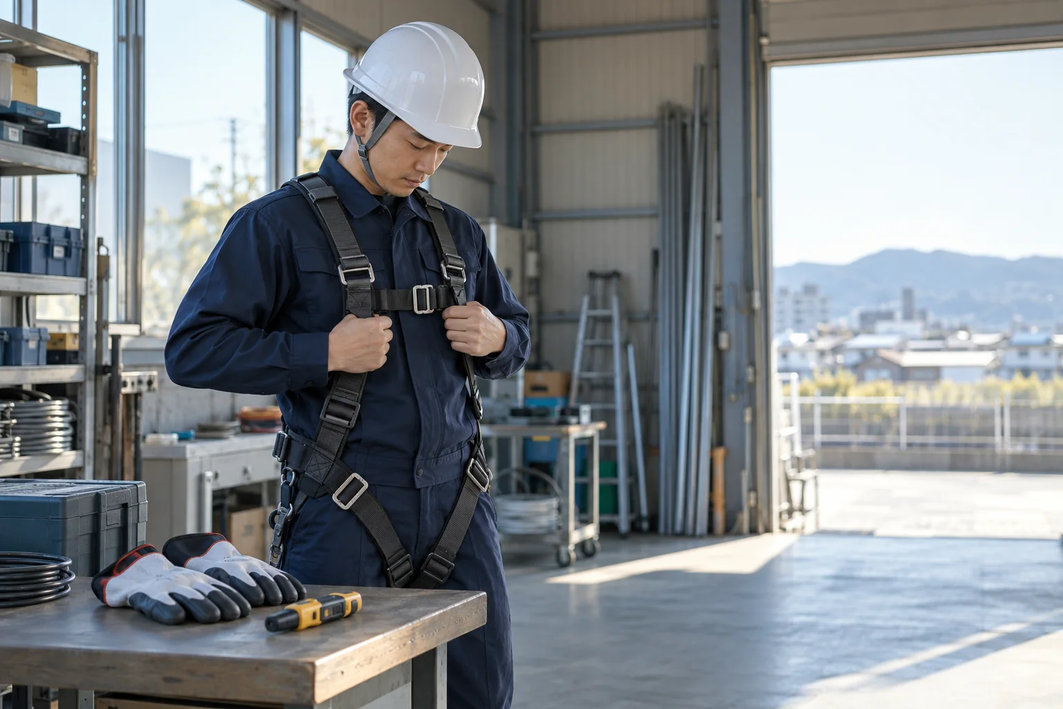作業前に安全帯と保護具を点検する電気工事士