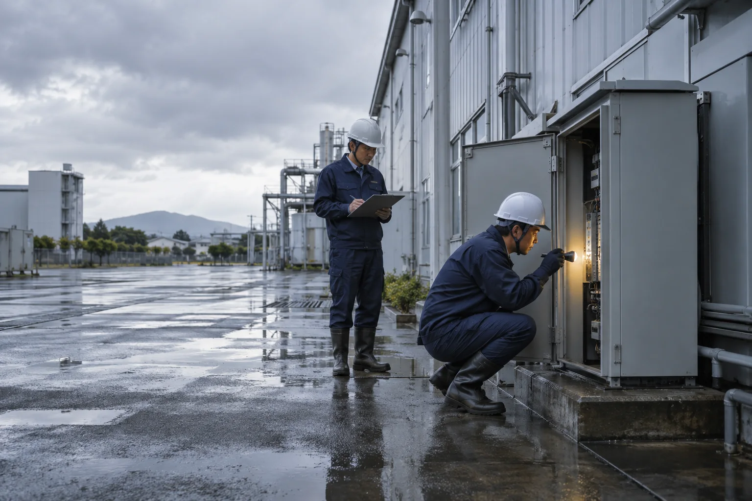 台風の後に屋外の受電設備を点検する技術者