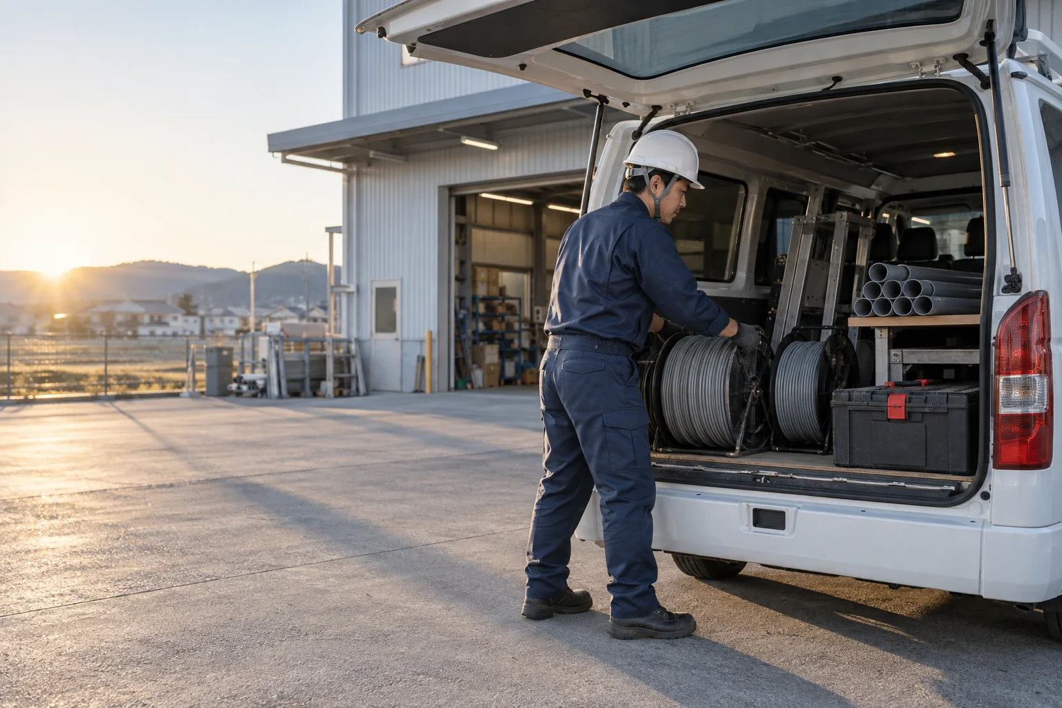 朝、作業車に材料を積み込む電気工事士
