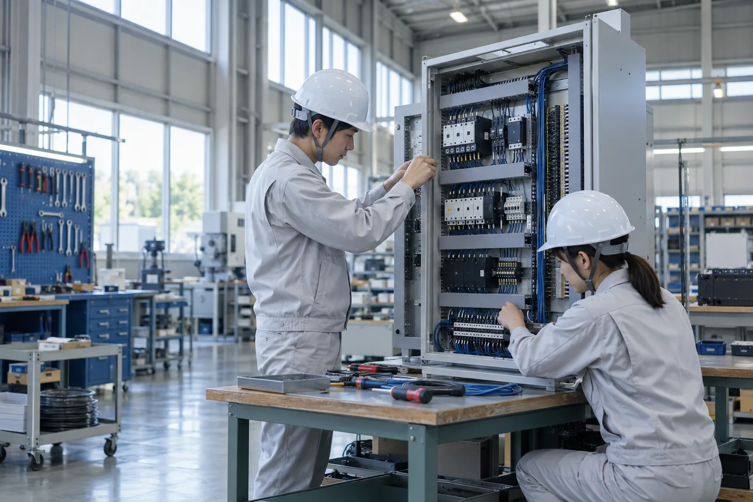 自社作業場で盤の仮組みと試験を行う技術者