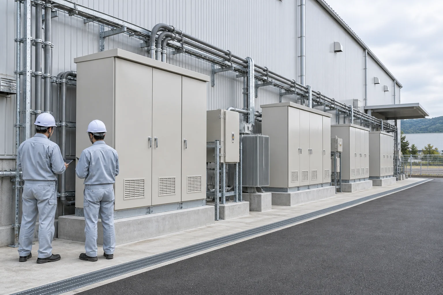工場外壁に並ぶ受電設備を確認する技術者