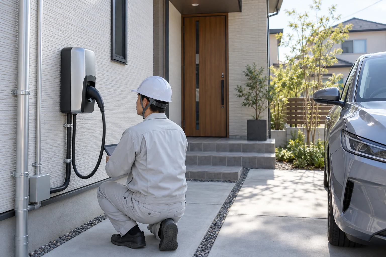 住宅のEV充電設備を確認する技術者