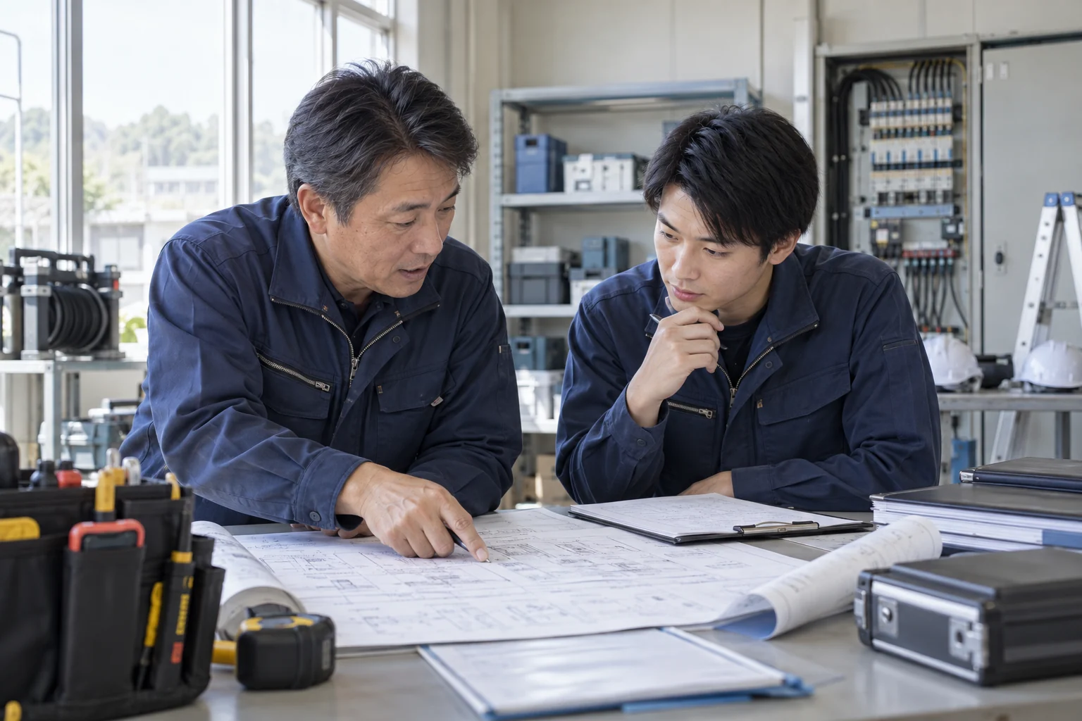 作業場で図面を確認する先輩と若手の技術者